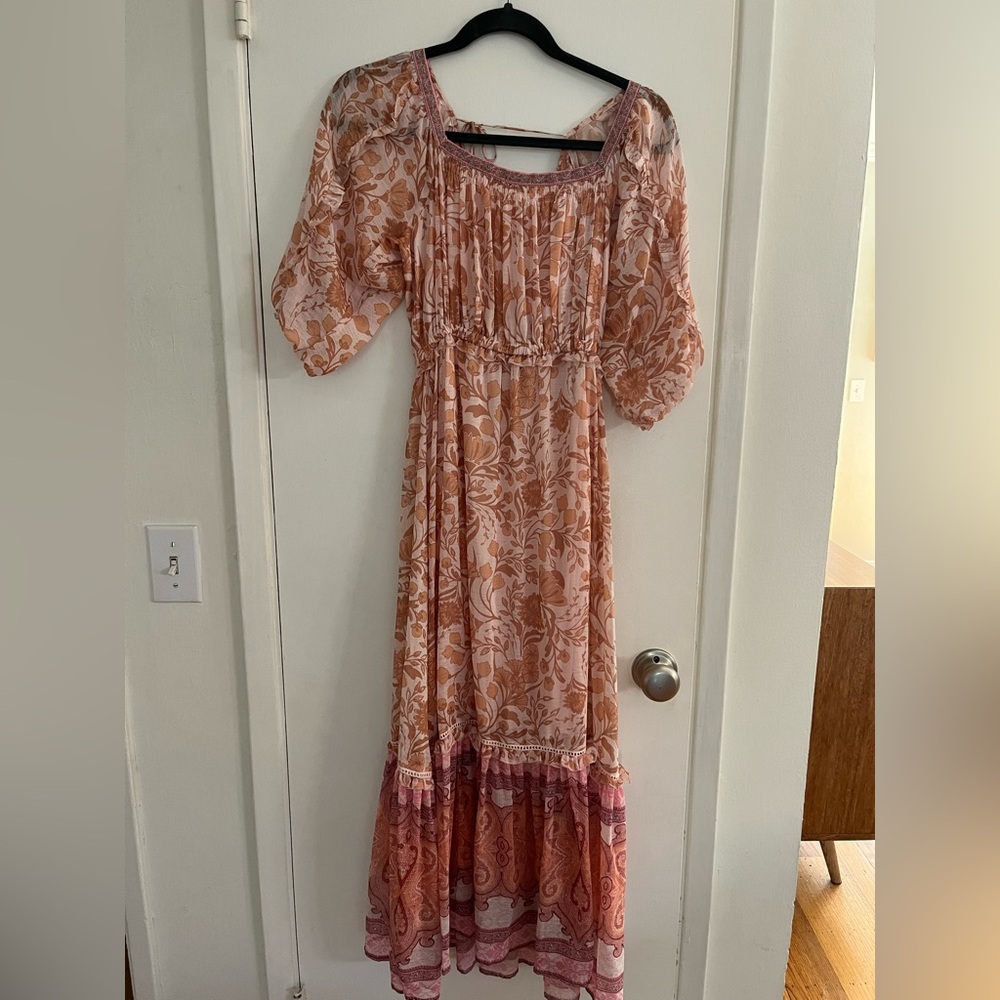 Peach Floral Tiered Maxi Dress with Puff Sleeves
